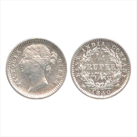 Victoria Queen, Divided Legend, Silver ¼ Rupee, 1840, Madras Mint, W.W.S. raised, 10 berri