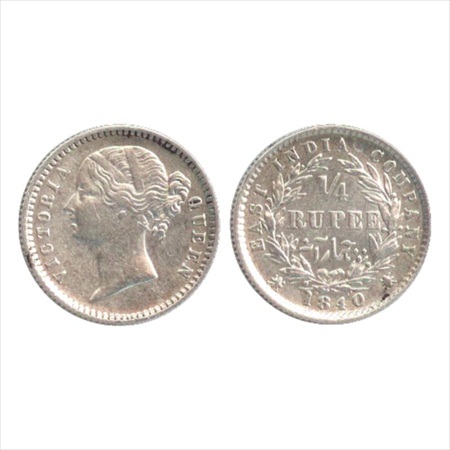 Victoria Queen, Divided Legend, Silver ¼ Rupee, 1840, Calcutta Mint, W.W. raised, 10 berri