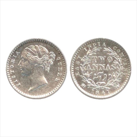 Victoria Queen, Divided Legend, Silver 2 Annas, 1841, Calcutta Mint, W.W. raised, 9 berrie