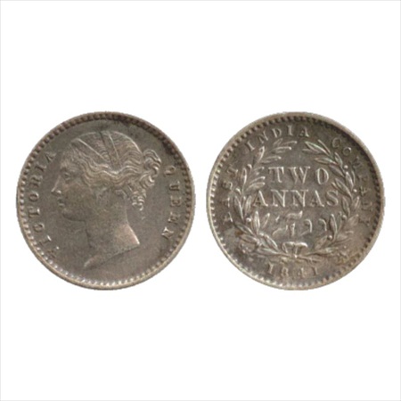 Victoria Queen, Divided Legend, Silver 2 Annas, 1841, Calcutta Mint, W.W. raised, 8 berrie