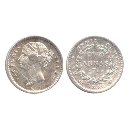 Victoria Queen, Divided Legend, Silver 2 Annas, 1841, Calcutta Mint. Obv: W.W. raised. Rev