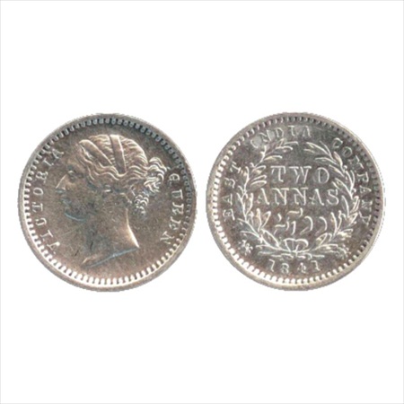 Victoria Queen, Divided Legend, Silver 2 Annas, 1841, Madras Mint, 'S' incused, W.W. raise