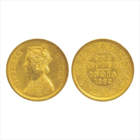 Victoria Queen, Gold One Mohur, 11.66g. 1862, Calcutta Mint, single flower in bottom panel