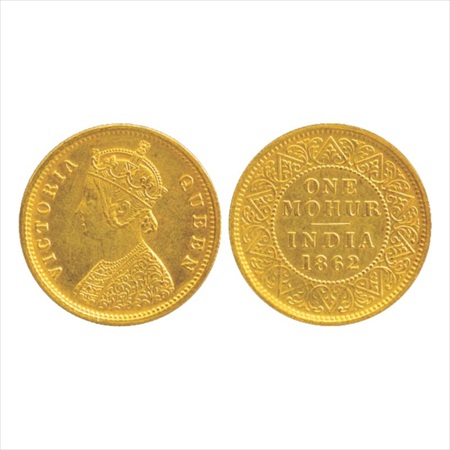 Victoria Queen, Gold One Mohur, 11.66g. 1862, Calcutta Mint, two flowers in bottom panel, 