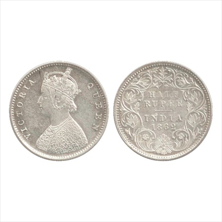 Victoria Queen, Silver ½ Rupee, 1862, Calcutta Mint, A/I, (PR 255). UNC, Very Rare.