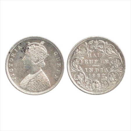 Victoria Queen, Silver ½ Rupee, 1862, Bombay Mint, B1/II, (PR 258). About Extremely Fine, 