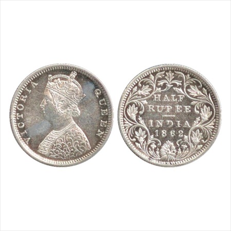 Victoria Queen, Silver ½ Rupee, 1862, Madras Mint, B2/II, (PR 259). A UNC, Very Rare.