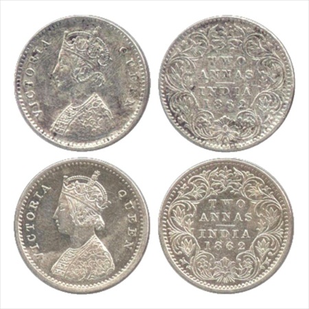 Victoria Queen, Silver 2 Annas (2), 1862, Calcutta and Bombay Mint, A/I, (PR 485 and 486).