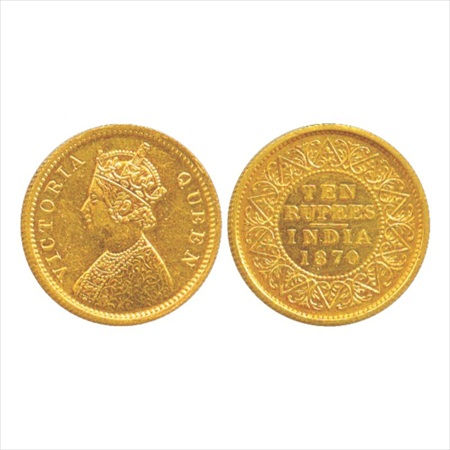 Victoria Queen, Gold Ten Rupees, 7.73g. 1870, Calcutta Mint, (PR 28). Minor light dents, O