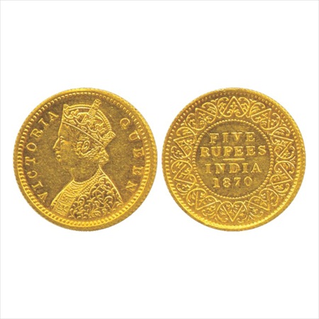 Victoria Queen, Gold Five Rupees, 3.88g. 1870, Calcutta Mint, 'C.M.' in relief in the cent