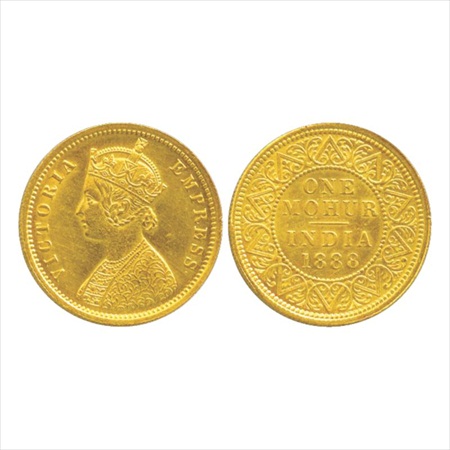 Victoria Queen, Gold One Mohur, 11.66g. 1888, Calcutta Mint, two flowers type and 'V' in r