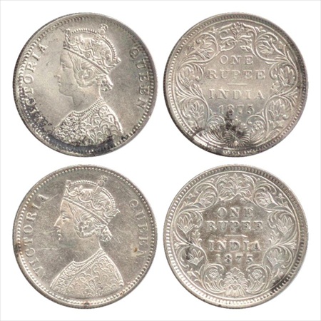 Victoria Queen, Silver Rupee (2), 1875, Calcutta Mint, A1/I/no mm, (PR 113), second coin B