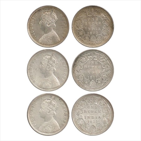 Victoria Empress, Silver Rupee (3), 1877, Calcutta Mint, A1/I/no mm, (PR 115), Bombay Mint