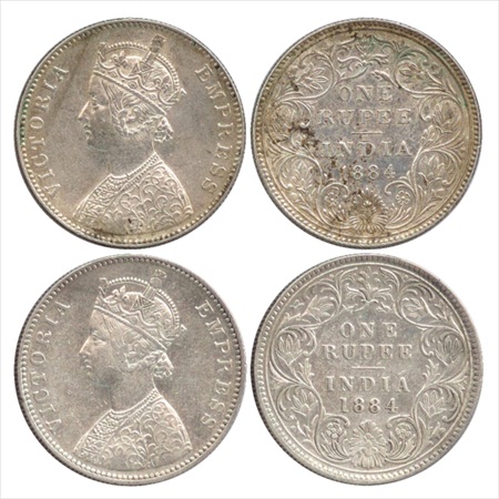 Victoria Empress, Silver Rupee (2), 1884, Bombay Mint, A3/II(i)/'B' raised (bottom), (PR 1
