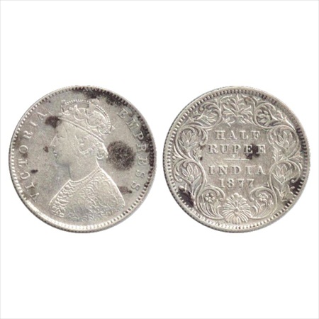 Victoria Empress, Silver ½ Rupee, 1877, Calcutta Mint, A/I/no mm, (PR 261). Some black spo