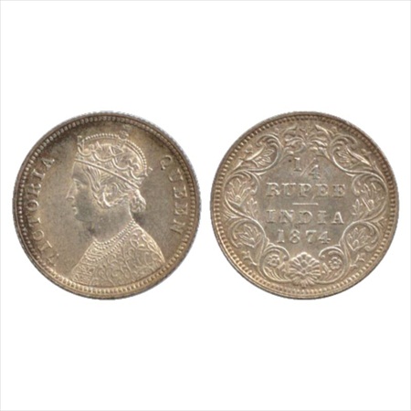 Victoria Queen, Silver ¼ Rupee, 1874, Calcutta Mint, A/I/no mm, (PR 379). A UNC, Rare.
