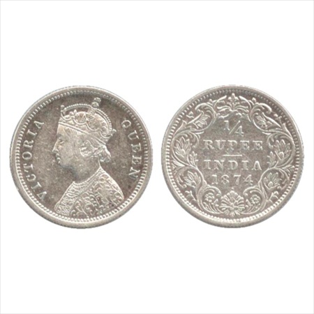 Victoria Queen, Silver ¼ Rupee, 1874, Bombay Mint, A/I/dot, (PR 405). Very Fine+, Rare.