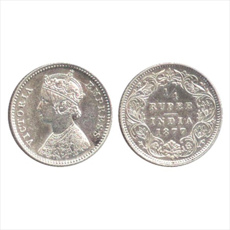 Victoria Empress, Silver ¼ Rupee, 1877, Calcutta Mint, B/I/no mm, (PR 382). A UNC, Rare.