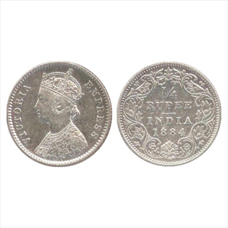 Victoria Empress, Silver ¼ Rupee, 1884, Bombay Mint, B/I/'B' raised, (PR 416). About Extre