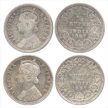 Victoria Empress, Silver ¼ Rupee (2), 1887, Calcutta Mint, C/II/'C' incused, (PR 392), Bom