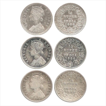 Victoria Empress, Silver ¼ Rupee (3), 1888, Calcutta Mint, C/II/no mm, (PR 393), Bombay Mi