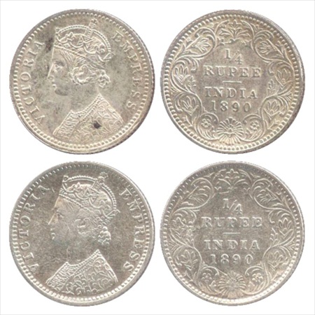 Victoria Empress, Silver ¼ Rupee (2), 1890, Calcutta Mint, C/II/'C' incused, (PR 395), Bom