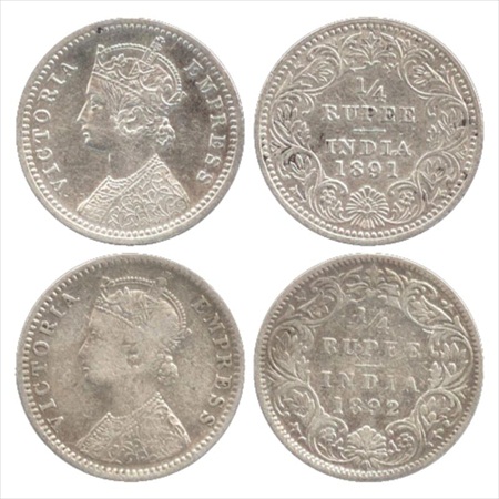 Victoria Empress, Silver ¼ Rupee (2), 1891, Calcutta Mint, C/II/'C' incused, (PR 396) and 