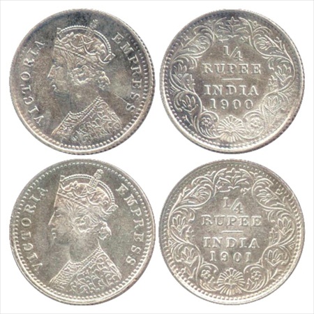 Victoria Empress, Silver ¼ Rupee (2), 1900 and 1901, Calcutta Mint, C/II/'C' incused, (PR 