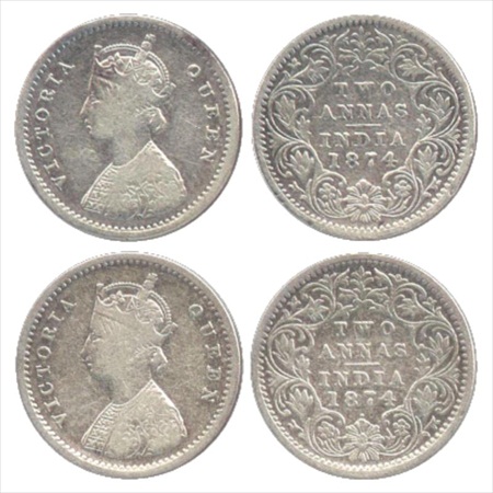 Victoria Queen, Silver 2 Annas (2), 1874, Bombay Mint, A/I/no dot, (PR 516), Bombay Mint, 