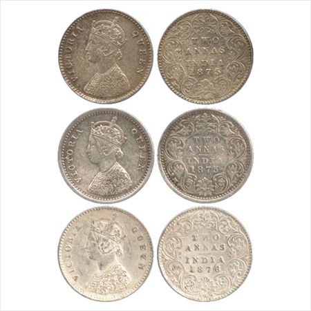 Victoria Queen, Silver 2 Annas (3), 1875, Calcutta Mint, A/I/no mm, (PR 489) and Bombay Mi