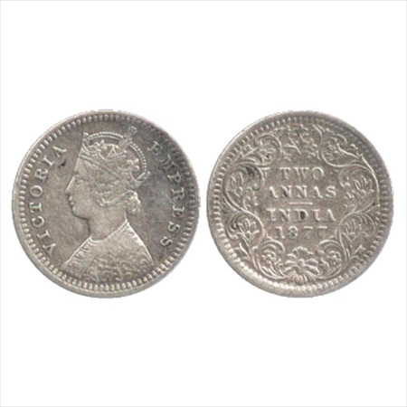 Victoria Empress, Silver 2 Annas, 1877, Bombay Mint, B/II/dot, dot above the tip of top fl