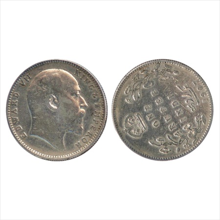 Edward VII, Silver Rupee, 1907, Bombay Mint. ERROR. Reverse die axis at 8 o'clock position