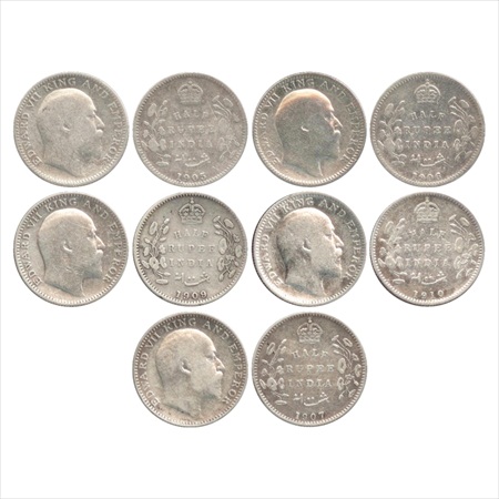Edward VII, Silver ½ Rupee (5), 1905, 1906, 1909, 1910, Calcutta Mint, no mm. 1907, Bombay