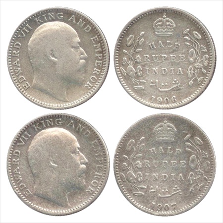 Edward VII, Silver ½ Rupee (2), 1906 and 1907, Calcutta Mint, no mm, (PR 310 & 311). (2 Co