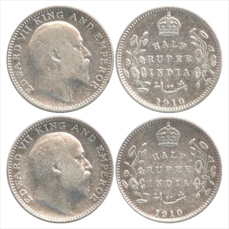 Edward VII, Silver ½ Rupee (2), 1910, Calcutta Mint, no mm, (PR 314), 1910, Bombay Mint, '