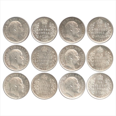 Edward VII, Silver ¼ Rupee (6), 1903, 1904, 1905, 1907, 1908 and 1910, Calcutta Mint, no m