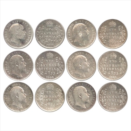 Edward VII, Silver 2 Annas (6), 1903, 1904, 1905, 1906, 1907 and 1908, Calcutta Mint, no m