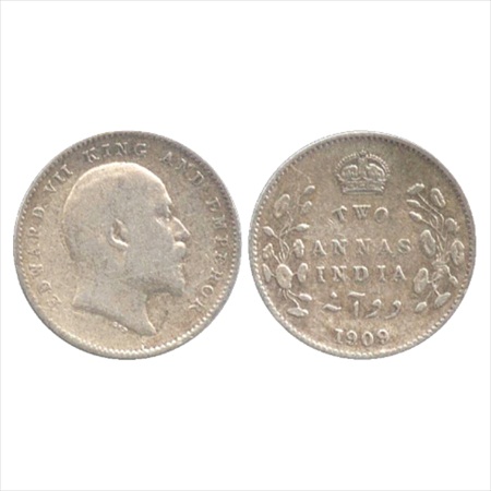 Edward VII, Silver 2 Annas, 1909, Calcutta Mint, (PR 562). About Very Fine, Rare.