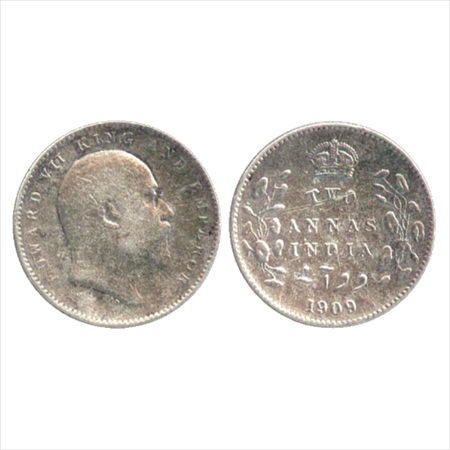 Edward VII, Silver 2 Annas, 1909, Calcutta Mint, (PR 562). About Very Fine, Rare.