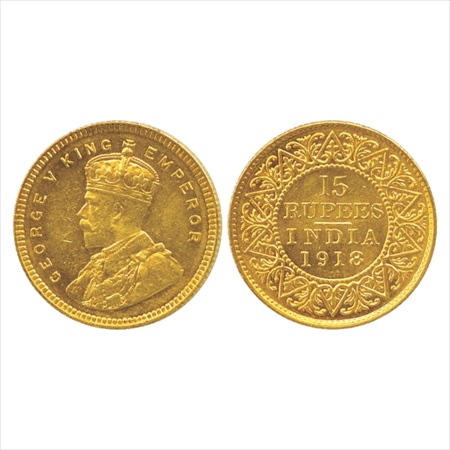 George V, Gold 15 Rupees, 7.98g. 1918, Bombay Mint, (PR 25). Extremely Fine, Very Rare.