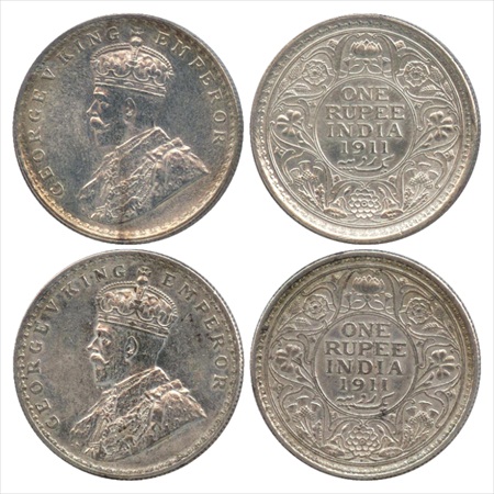 George V, Silver Rupee (2), 1911, Calcutta and Bombay Mint, pig type, (PR 207 & 217). (2 C