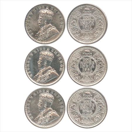 George V, Silver Rupee (3), 1911, Calcutta Mint, (PR 207), 1921 and 1922, Bombay Mint, (PR