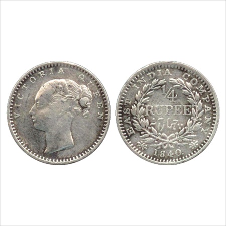 Victoria Queen, Continuous Legend, Silver ¼ Rupee, 1840, Bombay Mint, English head, 20 ber
