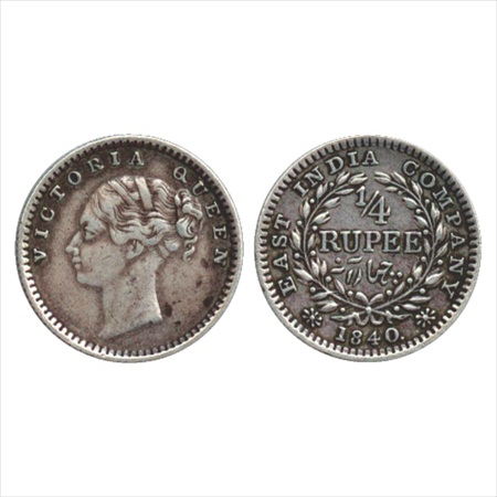 Victoria Queen, Continuous Legend, Silver ¼ Rupee, 1840, Madras Mint, 'S' incused, no 'V',