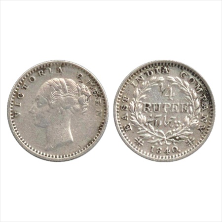 Victoria Queen, Continuous Legend, Silver ¼ Rupee, 1840, Madras Mint, 'S' incused, 'V' in 