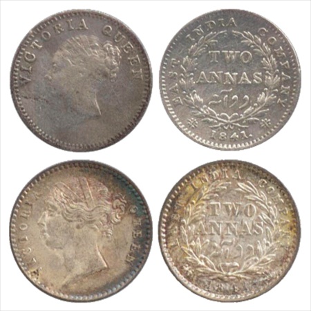 Victoria Queen, Continuous Legend / Divided Legend, Silver 2 Anna (2), 1841, Calcutta Mint