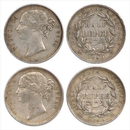 Victoria Queen, Divided Legend, Silver ½ Rupee (2), 1840, Calcutta Mint, W.W. raised, 24 b