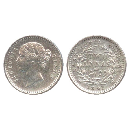 Victoria Queen, Divided Legend, Silver 2 Annas, 1841, Madras Mint, 'S' incused, W.W. raise