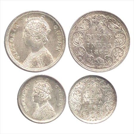 Victoria Queen, Silver ¼ Rupee and 2 Anna, 1862, both Calcutta Mint, A/I, (PR 376 & 485). 