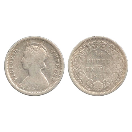 Victoria Empress, Silver ¼ Rupee, 1877, Bombay Mint, B/I/dot, (PR 409). Fine+, Scarce.